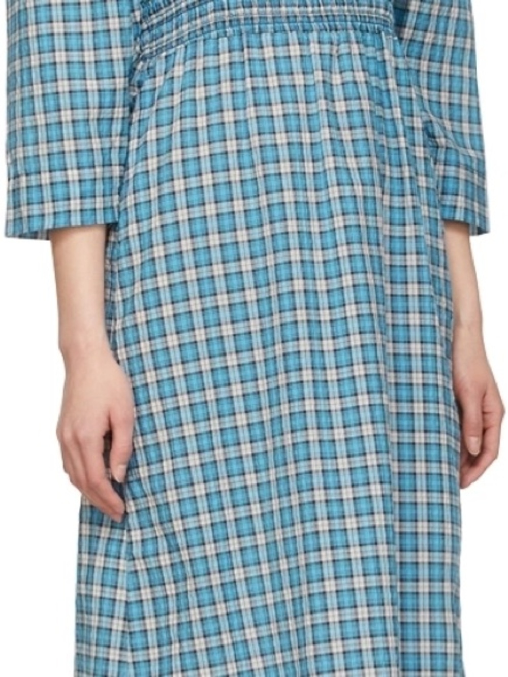 Ganni Blue Plaid Smocked Square-Neck Midi Dress Size 36 - Picture 3 of 5